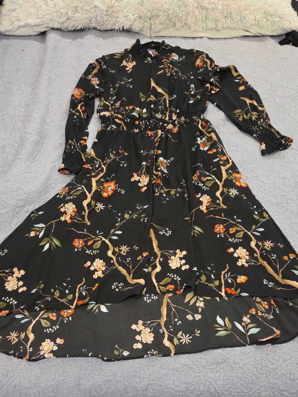 Black Floral Long-Sleeve Ruffled Neck Dress Size 14, New Without Tags! - Picture 5 of 14
